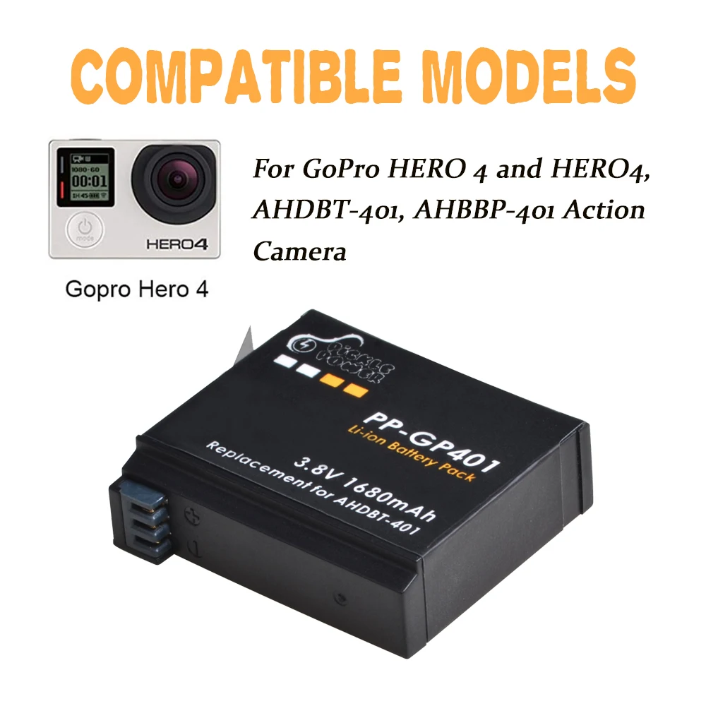 4 Vnt 1680mAh Gopro Hero 4 Baterijos keitimo & LED Dual USB Įkroviklio GoPro HERO4 GoPro AHDBT-401 Veiksmų Fotoaparato Bateria 3