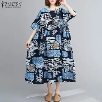 ZANZEA 2021 Kaftan Summer Maxi Dress Moterų Spausdinti Sundress Trumpas Rankovės Gėlių Vestidos Moterų Atsitiktinis O Kaklo Skraiste, Negabaritinių