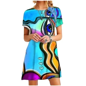 4XL Plius Dydis Vasaros Suknelės Moterims 2021 Trumpas Rankovės O-Kaklo Abstrakčiai didelėmis Akimis, Atsitiktinis Suknelė Streetwear Ponios 3D Spausdinimo Mini Suknelė