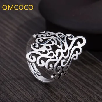 QMCOCO korėjos Stiliaus Naujas 925 Sidabro Dideli Žiedai Moterims Vestuvių Papuošalai Reguliuojamas Retro Žiedas Raižyti Moterų Žiedas Priedai